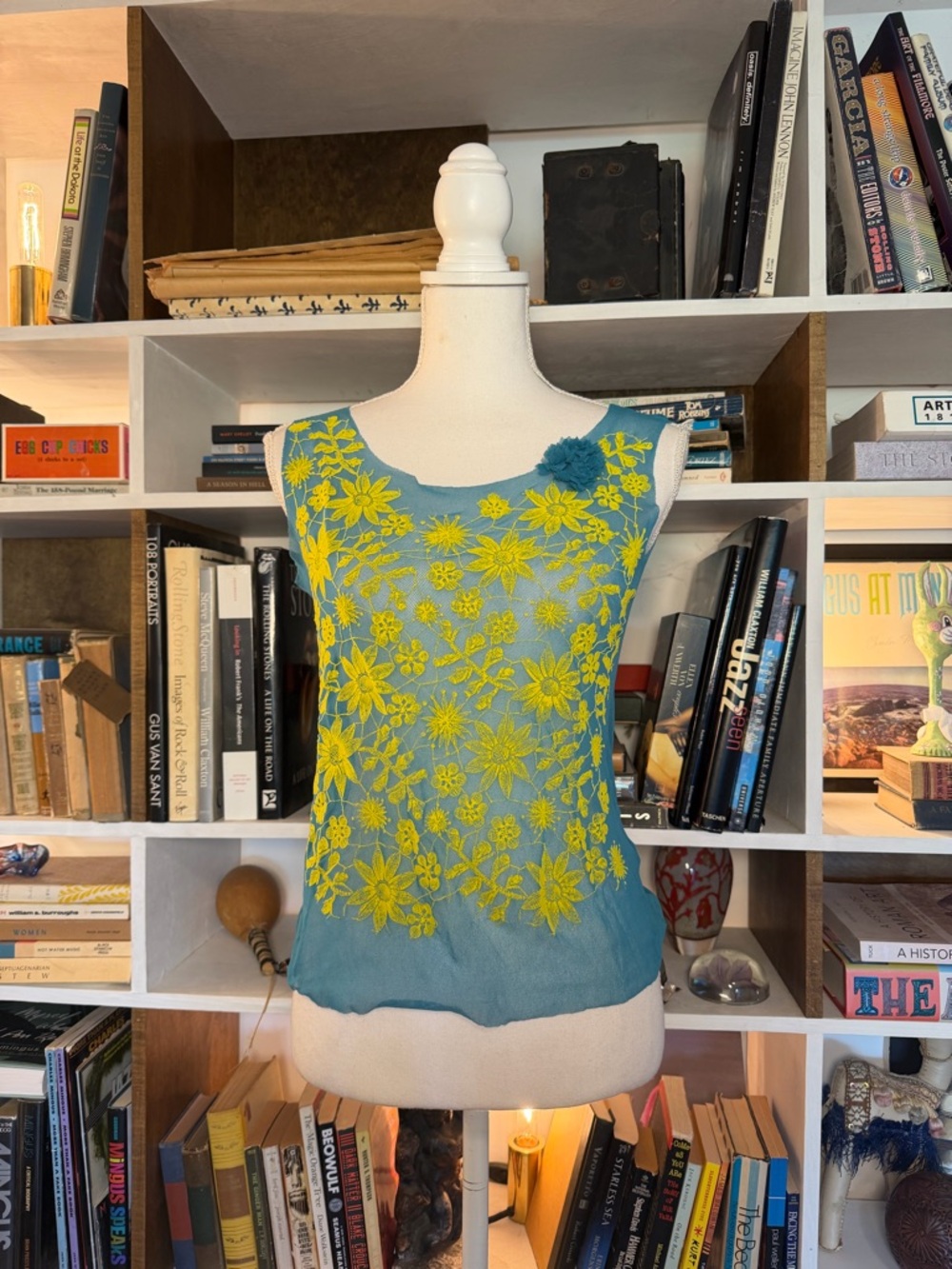 Sleeveless Teal Top with Yellow Floral Embroidery